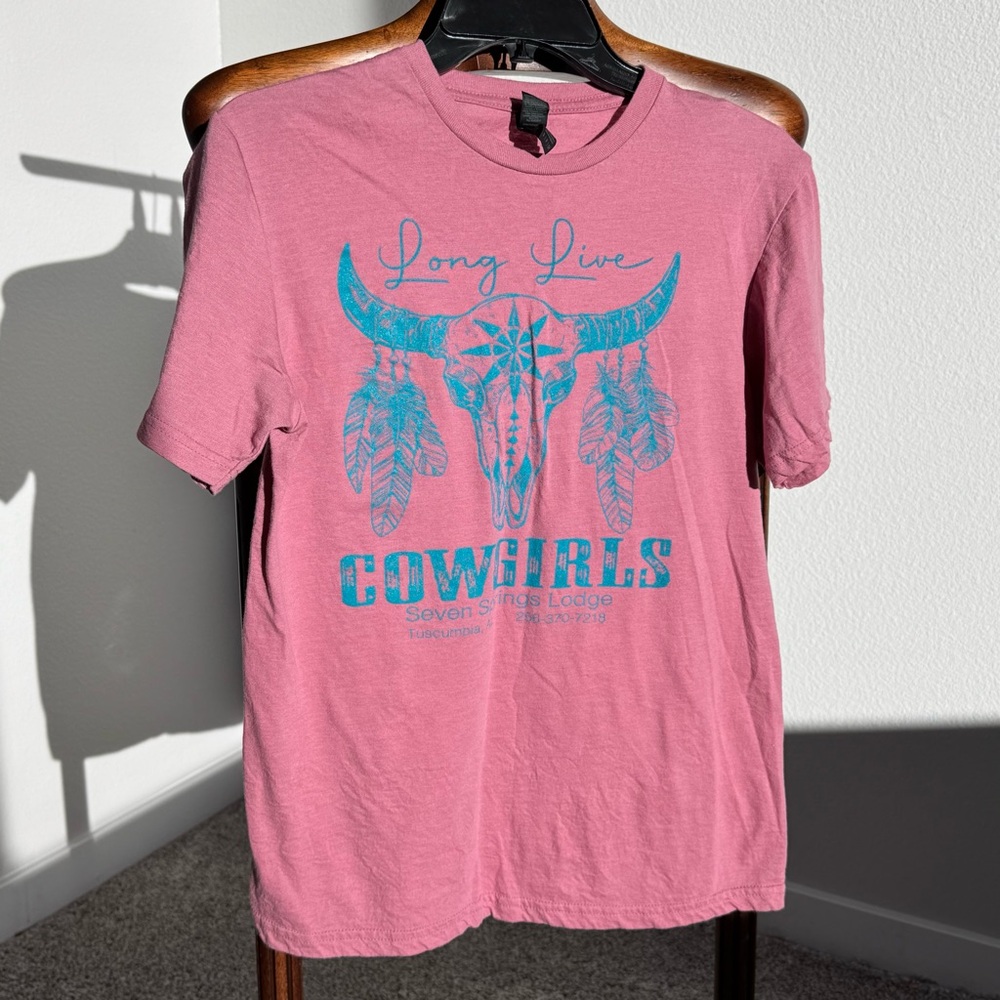 Gildan Softstyle Pink Graphic T-Shirt Cowgirl Western Bull Skull Women’s S Y2K